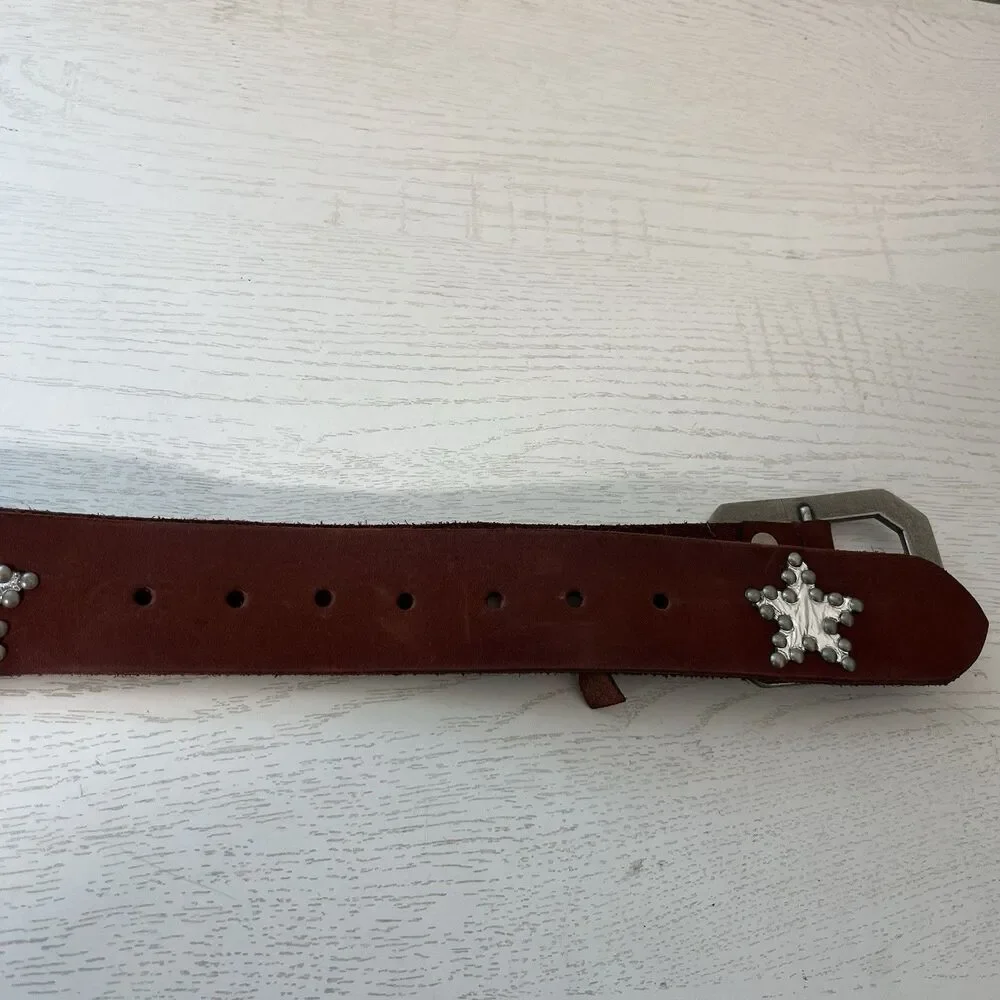 FREE PEOPLE Starcrossed Studded Leather Belt Brown Stars Big Buckle M/L Boho